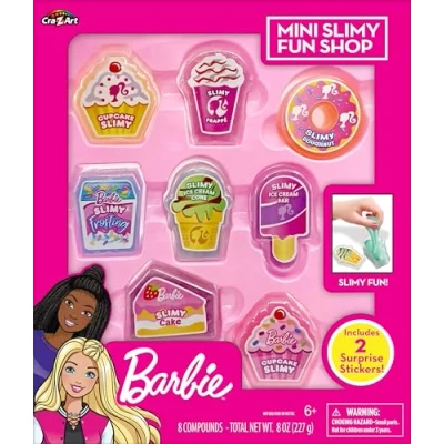 Image of Cra Z Art 34059 Barbie Mini Slimy Fun Shop 8 Food Themed containers with Two Surprise Stickers Official Merchandise, Each