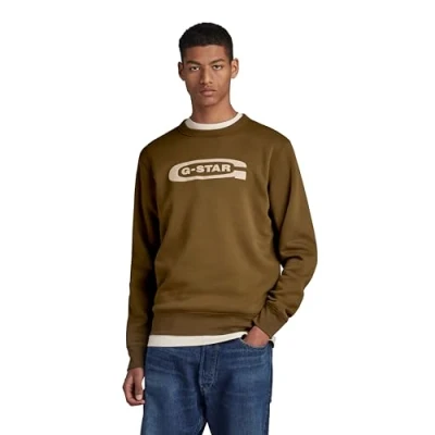 Image of G STAR RAW Men&#039;s Old School Logo Sweater, Green (dark olive D23894 C235 C744), L