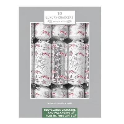 Image of Harvey &amp; Mason Christmas Crackers 10 Pack Family Plastic Free and recyclable 36cm, contains Hat, Gift Motto. (Silver White Merry Christmas)