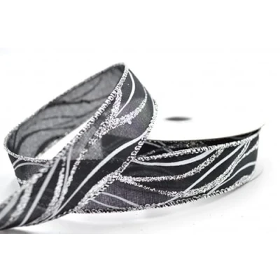 Image of Wired White with Silver Glitter Lurex Ribbon 25mm x 10m Roll (Black/Silver 1m Cut Length)
