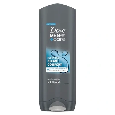 Image of Dove Men+Care Hydrating Clean Comfort 3 in 1 Hair, Body and Face Wash Cleanser shower gel with 24 hour nourishing MicroMoisture technology for relaxed re energised skin 250 ml