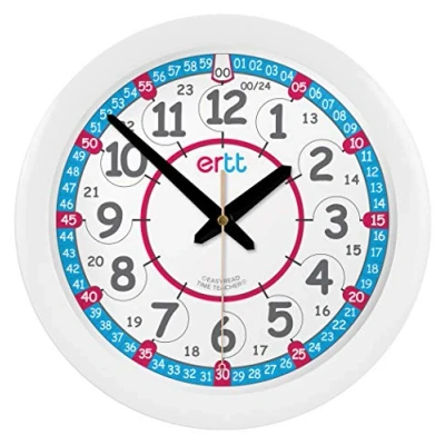 Image of ertt EasyRead Time Teacher Kids Wall Clock Learn The Children&#039;s Clocks Teaching For Children Classroom, Bedroom, Home schooling Learning With Red Blue Face (29cm)