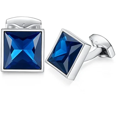 Image of HONEY BEAR Cufflinks with Square Crystal for Mens Shirt Wedding Business Gift Blue