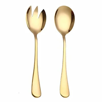 Image of ARFUKA 2pcs Salad Servers Stainless Steel Spoon and Fork Set Heavy Duty Tongs Gold