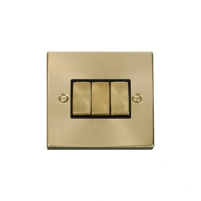 Image of Click Deco 3 Gang 2 Way Ingot 10AX Switch Satin Brass Black Inserts