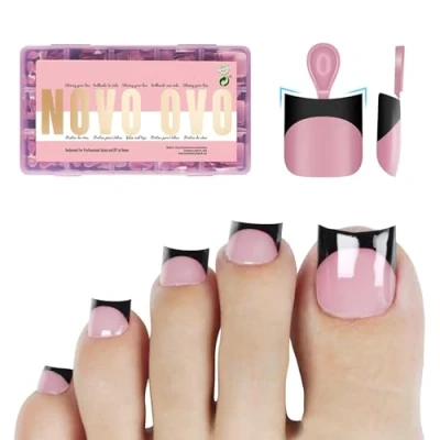Image of Short Toe Nail Tips Black French Tip Press on with Moon Curve, BERRY PINK Thick Sharp Square Toenail Extension, Soft Gel False Kit, Need Builder Top Coat, No Glue Included x15 Sizes 240 pcs