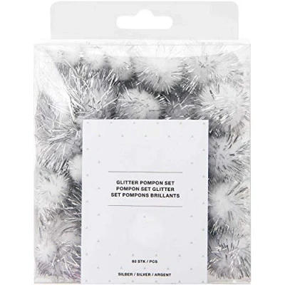 Image of CRAFTY CAPERS 60 Tinsel Craft Pom Poms Silver Glitter (10 to 45mm)