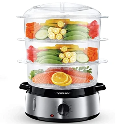 Image of Aigostar 3 Tier Food Steamer, Electric Vegetable Steamer with BPA Free Baskets and Rice Bowl, 9 Litre, Refill While Steaming, Stainless Steel Base, 800W, Energy Saving, Silver