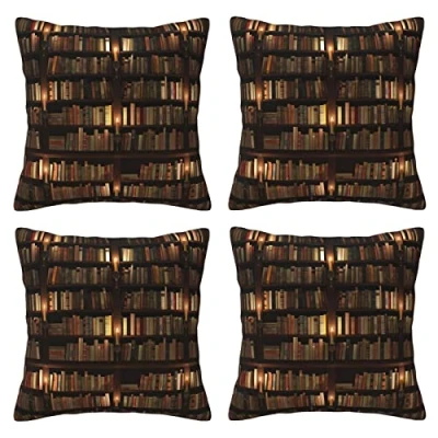 Image of Library Bookshelf Book Throw Pillow Cases 4 Pack Square Pillowcases Super Soft Protectors With Zipper For Couch Livingroom Sofa Bed Office Car,30x30 Cm