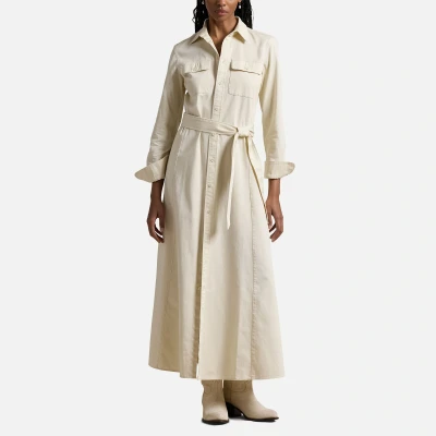 Image of Polo Ralph Lauren Belted Cotton Twill Shirtdress Maxi dress, Women&#039;s, Size: 12, Vanilla cream