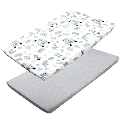 Image of TupTam baby fitted sheet children for bed cot pack of 2, Zoo Blue/Stars/White/Grey, 70 x 140 cm