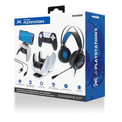 Image of Gamers Kit For PlayStation 5: Gaming Headset with 50mm Drivers, PS5 Controller charger, Adjustable Phone Mount, USB C Cable, Protective Cover and Caps