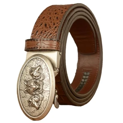 Image of Belts for Men Ratchet, Mens Cowboy Western Leather Belt with Wolf Head Alloy Buckle Crocodile Embossed belt,Brown B,125CM/49.2&#039;&#039;