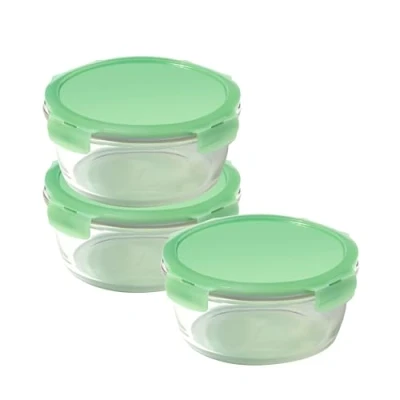 Image of LocknLock Eco Ovenglass Glass Food Containers with Lids Set of 3 Airtight, Leakproof Round Storage Recycled Plastic Lids, Oven Safe, Dishwasher x 950ml