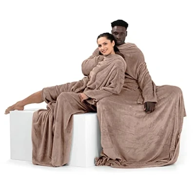 Image of DecoKing 150 x 180 cm, TV microfibre cuddly blanket with sleeves and pockets, soft fluffy fleece blanket, Microfibre, beige, cm