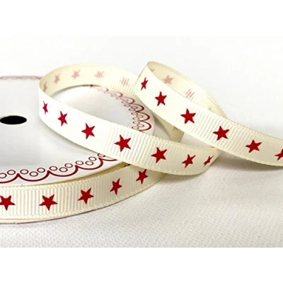 Image of Bertie&#039;s Bows Red Star Print 9mm Ivory Grosgrain Ribbon on 3m Roll