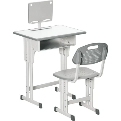 Image of HOMCOM Kids Desk and Chair Set Adjustable Height Study Table w/Drawer, Book Stand, Pen Slot Grey
