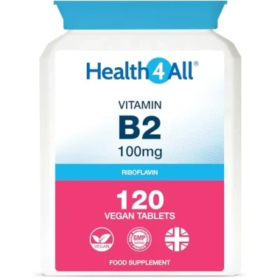 Image of Vitamin B2 Riboflavin 100mg 120 Tablets Migraine Support, Stress and Energy. Vegan. Made by Health4All