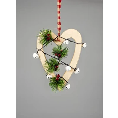 Image of SHATCHI 30cm Cream Wooden Heart Wall Hanging Ornament Decorated with White Bells Berries and Pines Christmas Holiday Home Decorations, 23x1.2x30 cm