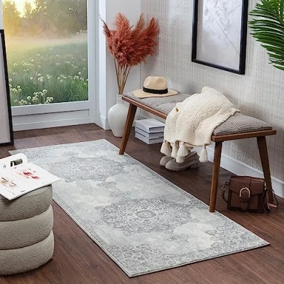 Image of Livabliss Kuta Vintage Rug Hallway Runner Rugs Living Room 80x220 cm Scandi Neutral Rug, Traditional Patterned Boho Style, Natural Easy Care Pile Runners, Grey and Ivory