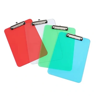 Image of KAV Pack of 10 Transparent Acrylic Clipboard Set A5 Size, Lightweight and Durable, with Sturdy Metal Clip, Suitable for Office, Students, Teachers 318 x 228mm, Assorted Colours (10)