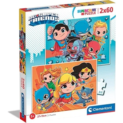 Image of Clementoni 21624 Supercolor Puzzle Dc Comics Superfriends 2x60 Pieces, Jigsaw For Kids Age 4, Cartoon, Made In Italy