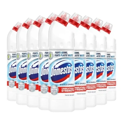 Image of Domestos Thick Bleach White and Sparkle Multi Purpose Disinfectant Anti Bacterial Surface Cleaner Gel Limescale Remover for Toilet, Bathroom Kitchen, 750ml (Buy 9)