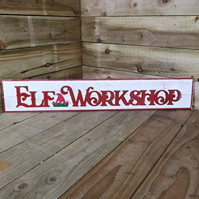 Image of Samuel ALEXANDER 92cm Wooden White Washed Christmas Elf Workshop Sign with Red Letters