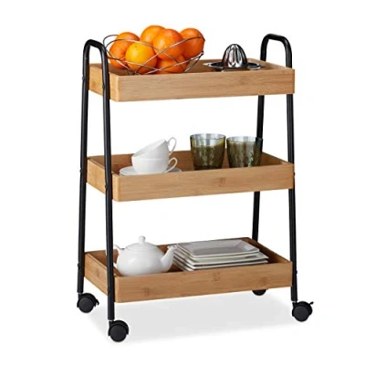 Image of Relaxdays Bamboo Serving Cart, 3 Tiers, 360 Rotating Wheels, Handles, Steel Frame, Engineered Wood, Natural/Black, H x W D: app. 70 49.5 28 cm