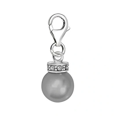 Image of Quiges 925 Sterling Silver Grey Imitation Pearl with White Zirconia Crown Lobster Clasp Charm Clip on Pendant
