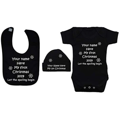 Image of Acce Products My First Christmas Personalised Name &amp; Year Baby Bodysuit Romper, Feeding Bib Beanie Hat 0 3 Months Black