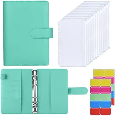 Image of HAUTOCO A6 Budget Binder with Zipper Envelopes for Money Organiser, Planner Cash Envelopes, Saving Wallet Budgeting, Stuffing Pockets, Mint Green