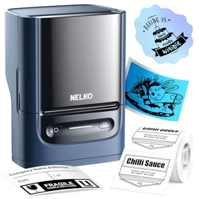 Image of Nelko PM220 Bluetooth Thermal Label Printer, Portable Maker Machine for iOS &amp; Android Phone, Clothing, Jewellery, Retail, Address, Barcode, Home, with 1 Roll 40x30mm Label（Blue）