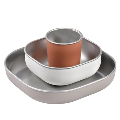 Image of BEABA, Baby Led Weaning Set, Child Meal, Stainless Steel, 3 Pieces, Glass + 2 Plates, Microwave and Dishwasher Safe, Healthy, Sturdy, Lightweight, Unbreakable, Non slip with Silicone Cover, Terracotta