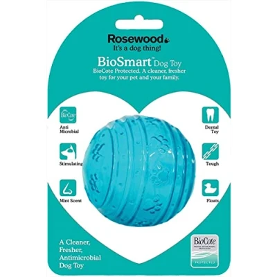 Image of Rosewood BioSafe Blue Ball Dog Toy Hygienic &amp; Floatable Chew Toy, Mint Scented, BioCote Coating Kills 99.99% of Germs, Promotes Dental Health, Ideal for Fetch, Suitable All Breeds