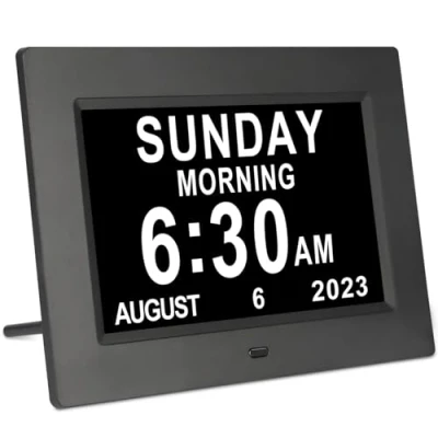Image of TSITSC 7 Inch Digital Day of The Week Clock Extra Large Non Abbreviated Dementia and Date Time Clocks for Seniors Elderly Impaired Vision Memory Loss 12 Alarm Reminders + Auto Dimming