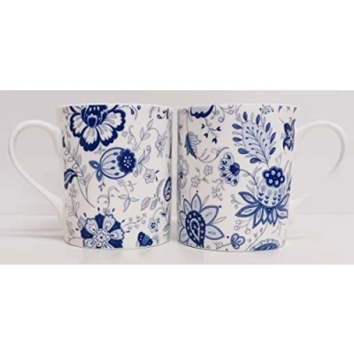 Image of Rainbow Decors Blue Persia Mugs Set 2 Fine Bone China &amp; White Floral Oriental Balmoral 8.5oz 250ml Cups Hand Decorated UK