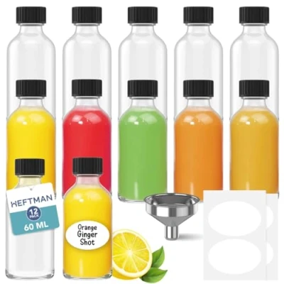 Image of HEFTMAN Glass Shot Bottles with Lids 12 Pack 60ml 3 Funnels &amp; Labels Reusable Ginger Empty Clear, Airtight Mini for Shots, Juice, Oils, Liquor, Sauce