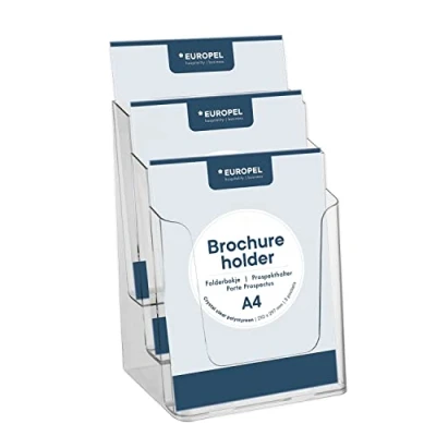Image of EUROPEL Brochure Holder, Three Tier Dispenser, A4, Crystal Clear Acrylic, Portrait, 350101.