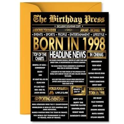 Image of Gold 27th Birthday Card for Men Women Black &amp; Golden Newspaper Born in 1998 Happy 27 Cards Uncle Niece Auntie Husband Friend Sister, 5x7 Inch Bday Greeting