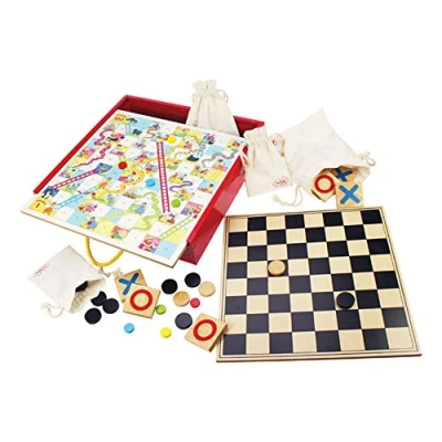 Image of Bigjigs Toys, Games Compendium, Wooden Board Games, Classic Compendium of Traditional Tic Tac Toe, Tiddly Winks, Snakes and Ladders