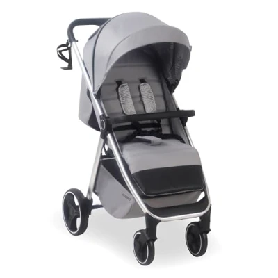 Image of My Babiie MB160 Pushchair from Birth to 4 Years (22kg), Wheel Suspension, Large Basket, XL Canopy, Foldable, Compact, Stroller with Footmuff, Cup Holder, Rain Cover Grey Tropical