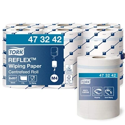 Image of Tork 473242 Reflex Wiping Paper / 1 Ply Absorbent Advanced Roll Suitable for M4 Centrefeed System White 6 x 300m Ø 19.5cm