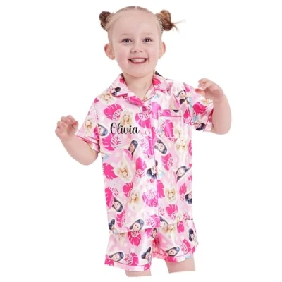 Image of Girls Barbie Short Personalised Pyjamas Satin Button (Personalised Satin, 5 6 Years)