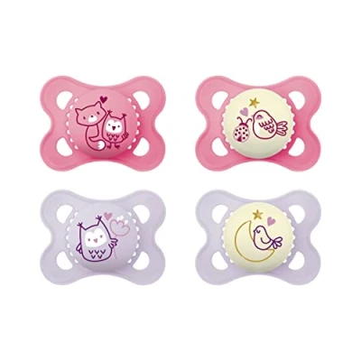 Image of MAM Original Pure Day &amp; Night Dummies Set of 4 Baby Made from Sustainable Organic Renewable Material SkinSoft Silicone Teat with Dummy Box 0 6 Months Fox/Owl/Bird