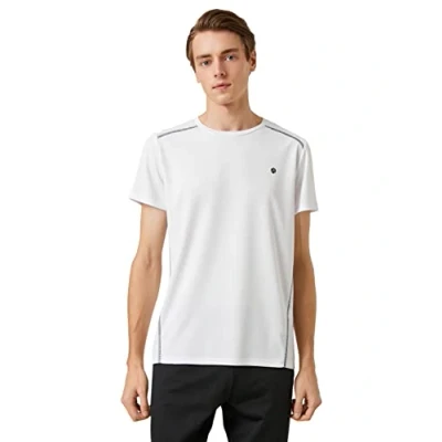 Image of Koton Men&#039;s Sports T Shirt Strip Printed Detailed Crew Neck, White (000), S