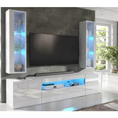 Image of Furneo High Gloss &amp; Matt White Living Room Set TV Stand Display Cabinets ArtClif8 With LED Lights