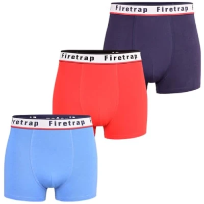 Image of Firetrap Mens 3 Pack Designer Boxer Shorts, Underwear Gift Set Trunks Comfortable Stretch Cotton Plain Colours Briefs Sky, Navy, Red XL