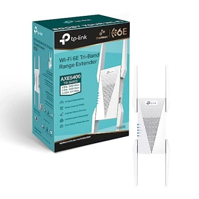 Image of TP Link AXE5400 Tri Band Mesh Wi Fi 6E Range Extender, Broadband/Wi Booster/Hotspot with 1 Gigabit Port, 160 MHz Channels, Built In Access Point Mode, Easy Setup, UK Plug (RE815XE)
