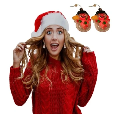 Image of Flashing Christmas Snowman Earrings Pair Set Assorted Designs Novelty Dress up Light LED Dangle Stud Jewelry for Women Girls Kids Hypoallergenic Ear Accessories Xmas Gift
